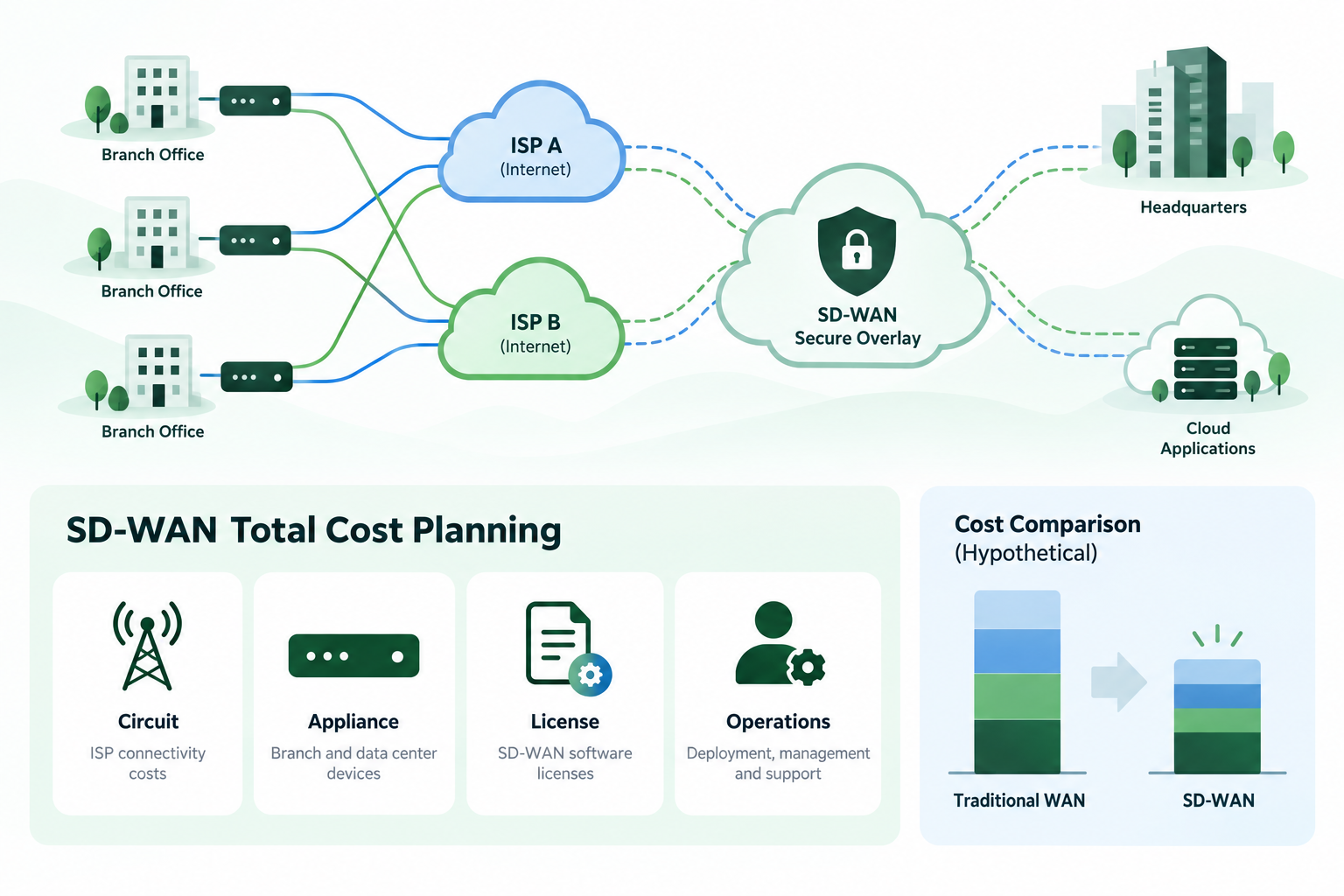 SD-WAN 구축 비용 핵심 개념 설명형 일러스트