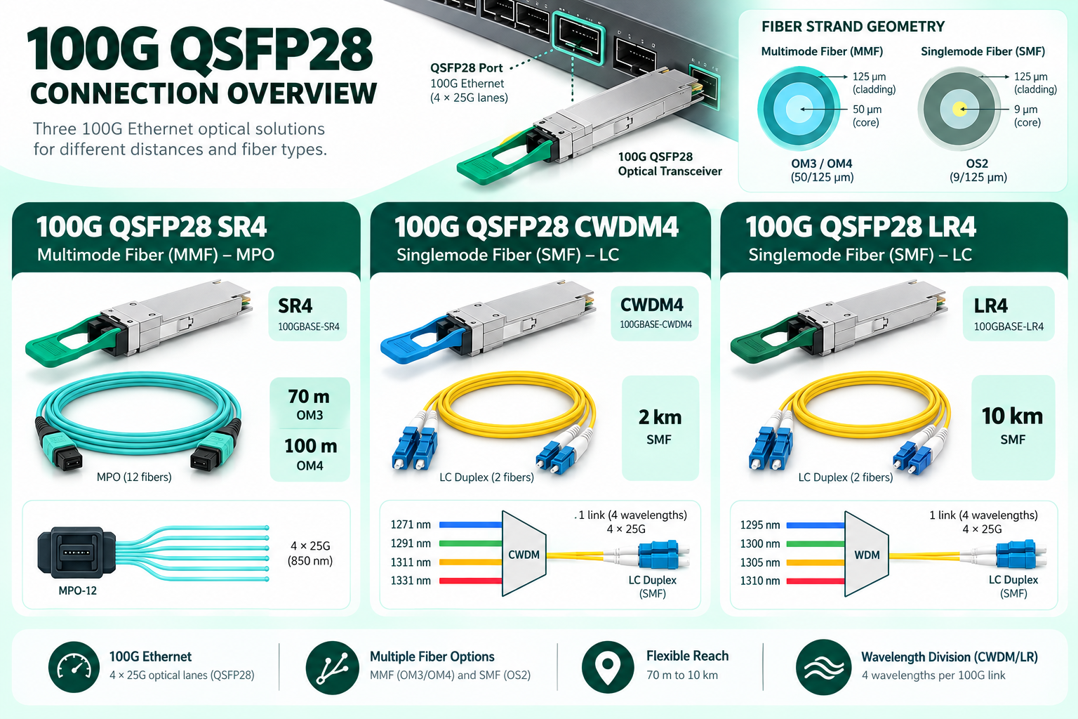 QSFP28 100G 광모듈 종류 핵심 원리 설명형 일러스트